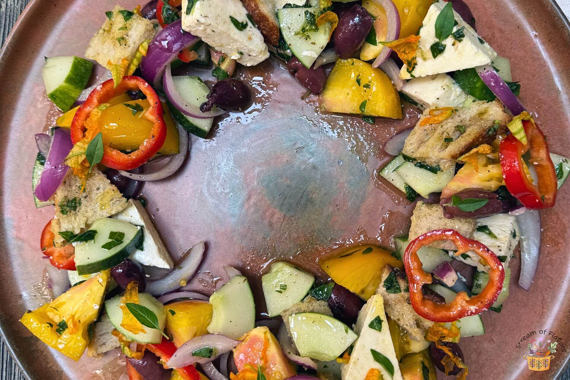 Horiatiki salad on a brown platter