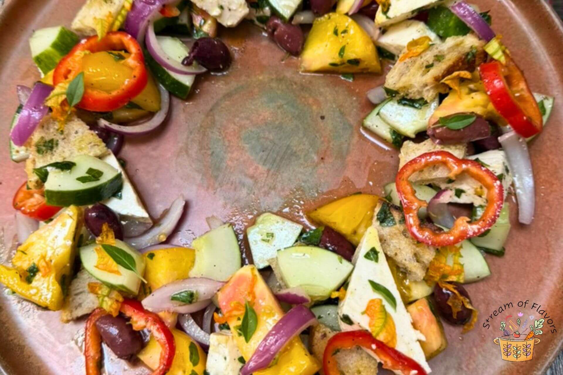horiatiki slad recipe on a brown platter