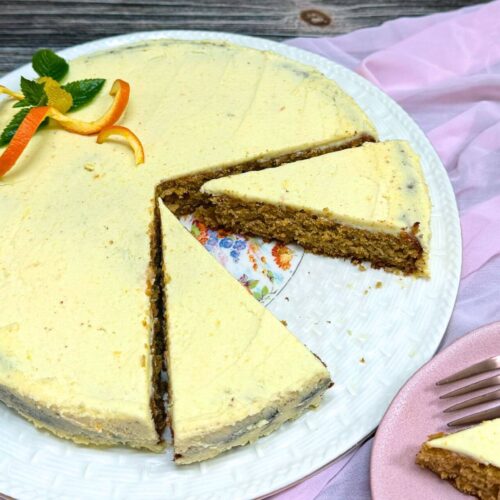 Sicilian whole orange cake sliced on a platter